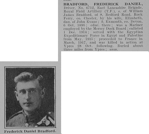 Bradford F D Dvr 6712 Royal Field Artillery Obit