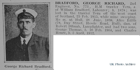 Bradford G R 2nd Engineer 773 HMT Tern Royal Naval Reserve Obit