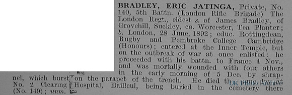 Bradley E J Pte 140 5th London Regiment Obit