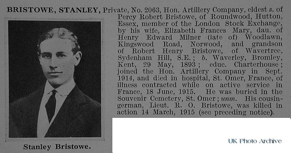 Bristowe S Pte 2063 Honourable Artillery Company Obit