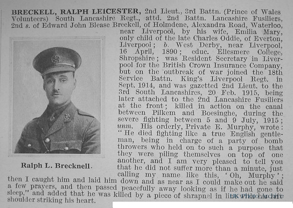 Breckell R L 2nd Lt 3rd South Lancashire Regiment Attd 2nd Lancashire Fusiliers Obit