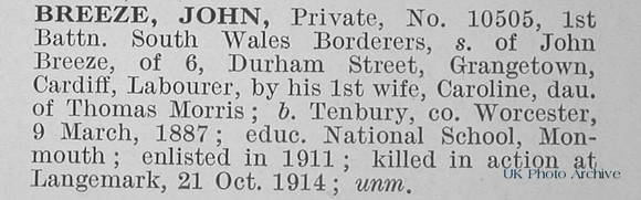 Breeze J Pte 10505 1st South Wales Borderers Obit