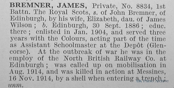 Bremner J Pte 8834 1st Royal Scots Obit