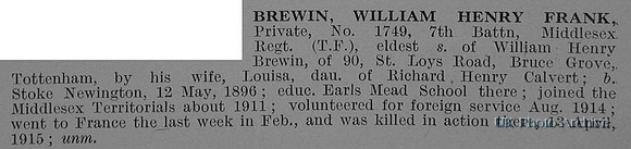 Brewin W H F Pte 1749 7th Middlesex Regiment Obit