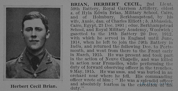 Brian H C 2nd Lt Royal Garrison Artillery Obit
