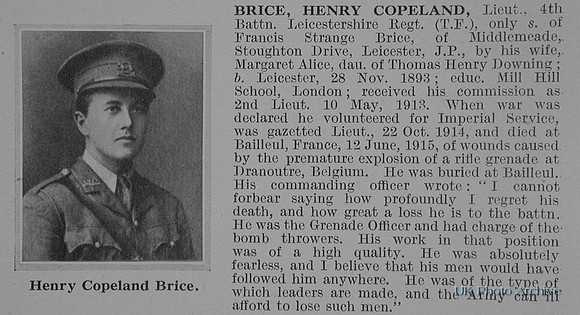 Brice H C Lt 4th Leicestershire Regiment Obit