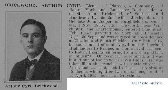 Brickwood A C Lt 1st York & Lancaster Regiment Obit