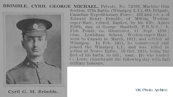 Brimble C G M Pte 72029 27th Canadian Infantry Obit