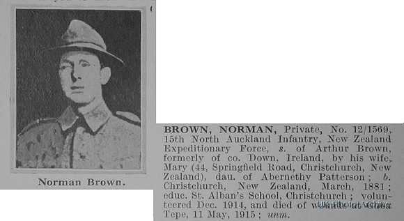 Brown N Pte 12-1569 15th North Auckland Infantry NZEF Obit