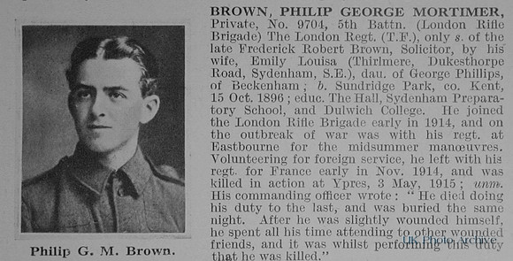 Brown P G M Pte 9704 5th London Regiment (London Rifle Brigade) Obit