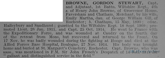 Browne G S Captain & Adjt 1st Wiltshire Regiment Obit