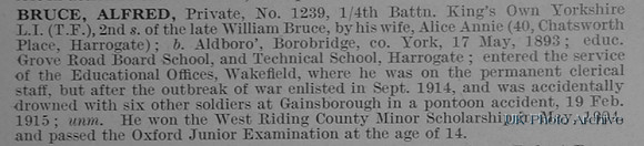 Bruce A Pte 1239 4th Kings Own Yorkshire Light Infantry Obit