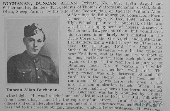 Buchanan D A Pte 1837 8th Argyll & Sutherland Highlanders Obit