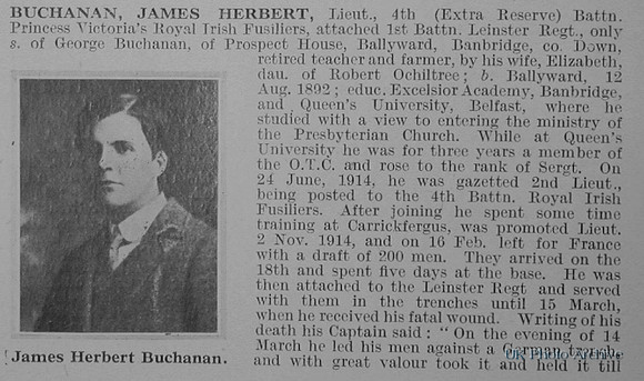 Buchanan J H Lt 4th Royal Irish Fusiliers Attd 1st Leinster Regiment Obituary Part 1