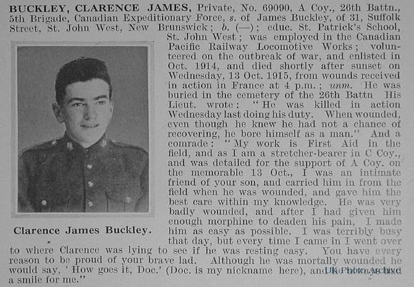 Buckley C J Pte 69090 26th Canadian Infantry (New Brunswick Regiment) Obit