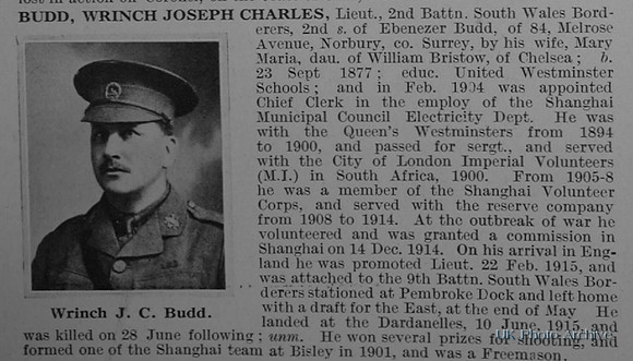 Budd W J C Lt 2nd South Wales Borderers Obit