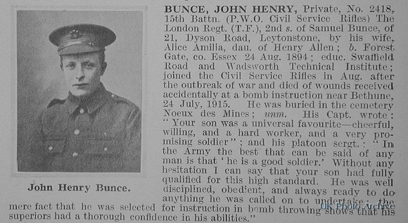 Bunce J H Pte 2418 15th London Regiment (Prince of Wales' Own Civil Service Rifles) Obit