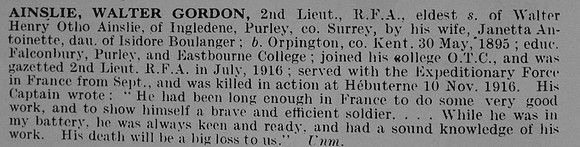 Ainslie W G 2nd Lt Royal Field Artillery Obit