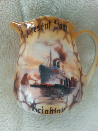 Vintage Souvenir Ware Jug Present From Brighton Decorated With Picture Of Ship
