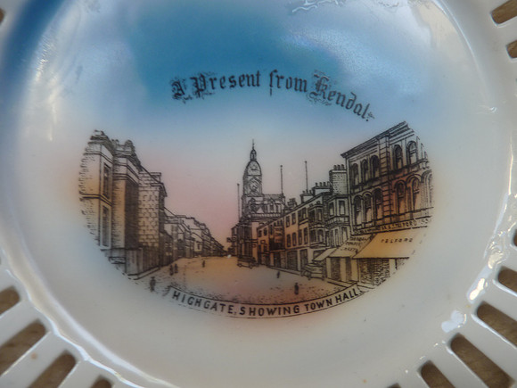 Vintage Souvenir Ribbon Plate A Present From Kendall Highgate Showing Town Hall