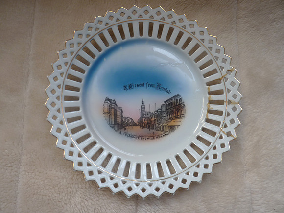 Vintage Souvenir Ribbon Plate A Present From Kendall Highgate Showing Town Hall