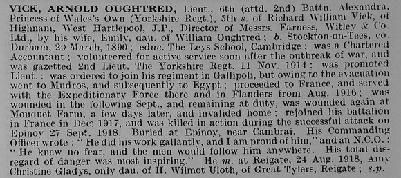 Vick A O Lt 6th Attd 2nd Yorkshire Regiment