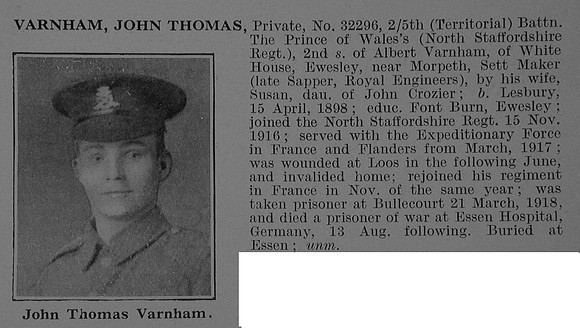 Varnham J T Pte 32296 5th North Staffordshire Regiment Obit De Ruvignys Roll Of Honour Vol 5