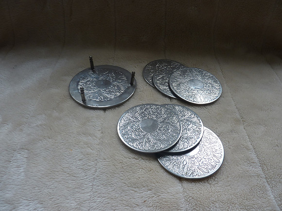 Set Of Six Vintage Metal Drinks Coasters In Holder