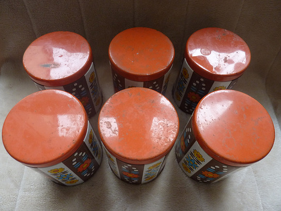 Set Of Six Genuine Original Retro Vintage 1960s/70s Kitchen Tins Canisters