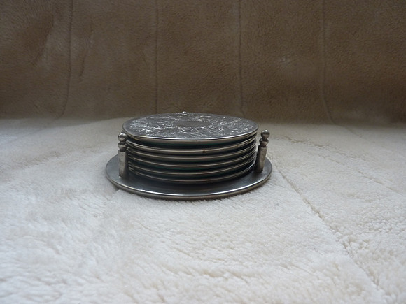 Set Of Six Vintage Metal Drinks Coasters In Holder