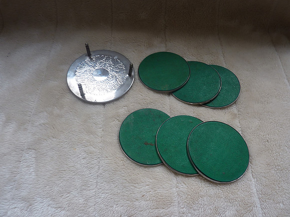 Set Of Six Vintage Metal Drinks Coasters In Holder
