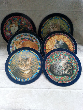 Set Of Six Vintage Cloverleaf Table/Placemats Circular Cats Design Cork Backed