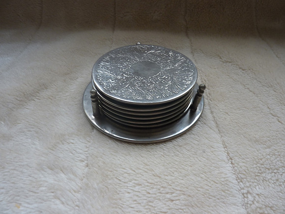 Set Of Six Vintage Metal Drinks Coasters In Holder