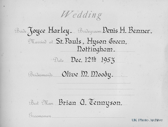 Wedding Of Joyce Harley And Denis Harry Benner 12th Dec 1953