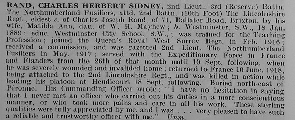 Rand C H S 2nd Lt 2nd Lincolnshire Regiment