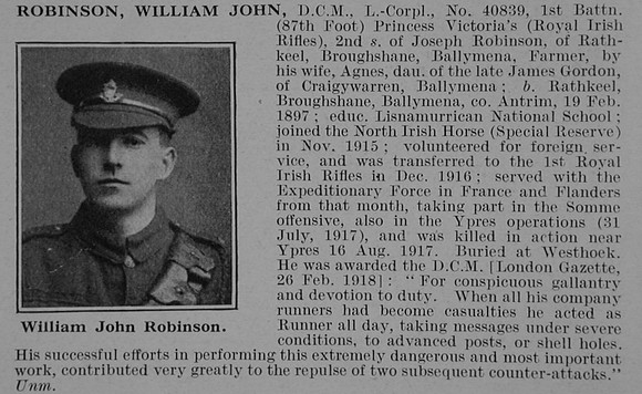 Robinson W J LCpl DCM 40839 1st Royal Irish Rifles Obit De Ruvignys Roll Of Honour Vol 5