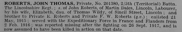 Roberts J T Pte 201380 5th Lincolnshire Regiment