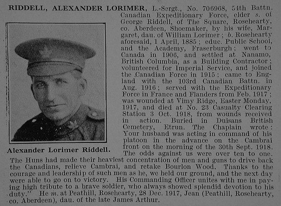 Riddell A L LSergt 706968 54th Canadian Infantry (Central Ontario Regiment) Obit De Ruvignys Roll Of Honour Vol 5