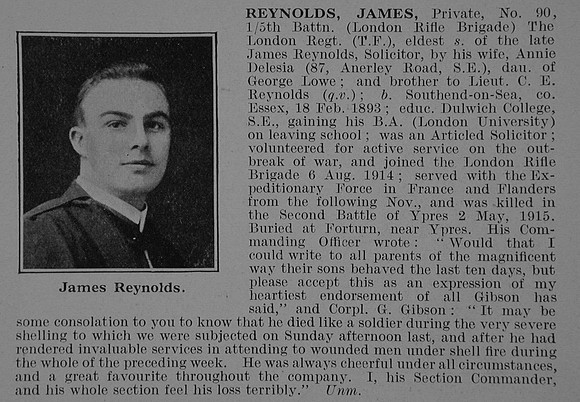Reynolds J Pte 90 5th London Regiment Obit De Ruvignys Roll Of Honour Vol 5