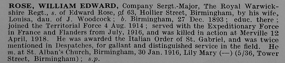 Rose W E Company Sergt Major Royal Warwickshire Regiment