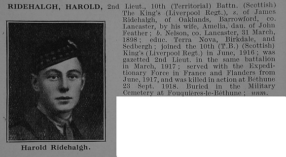 Ridehalgh H 2nd Lt 10th Kings Liverpool Regiment Obit De Ruvignys Roll Of Honour Vol 5