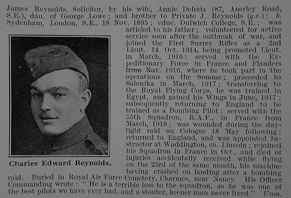 Reynolds C E Lt Royal Air Force Obit Part 2 De Ruvignys Roll Of Honour Vol 5