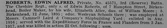 Roberts E A Pte 45571 3rd Cheshire Regiment