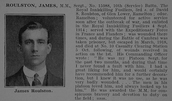 Roulston J Sergt MM 15988 10th Royal Inniskilling Fusiliers Obit De Ruvignys Roll Of Honour Vol 5