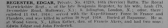 Regester E Pte 43219 16th Royal Warwickshire Regiment