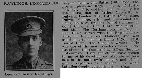 Rawlings L J 2nd Lt 2nd Northamptonshire Regiment Obit De Ruvignys Roll Of Honour Vol 5