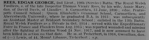 Rees E G 2nd Lt 19th Royal Welsh Fusiliers