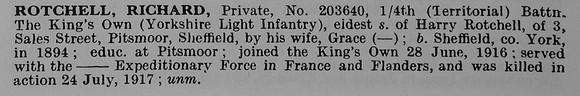Rotchell R Pte 203640 4th Kings Own Yorkshire Light Infantry