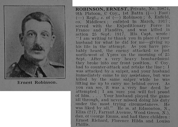 Robinson E Pte 39874 1st The Queen's (Royal West Surrey Regiment) Obit De Ruvignys Roll Of Honour Vol 5