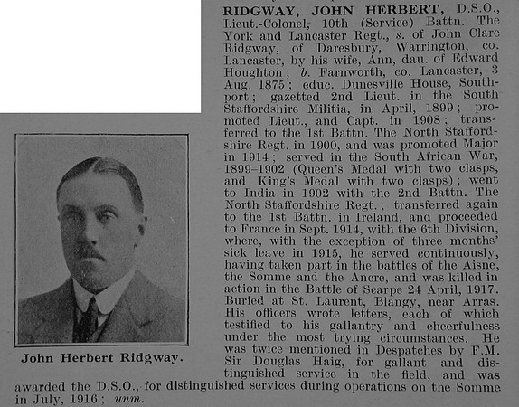 Ridgway J H Lt Col DSO 10th York & Lancaster Regiment Obit De Ruvignys Roll Of Honour Vol 5